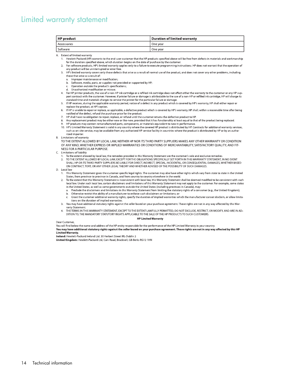 Limited warranty statement | HP USB Network Print Adapter User Manual | Page 14 / 18