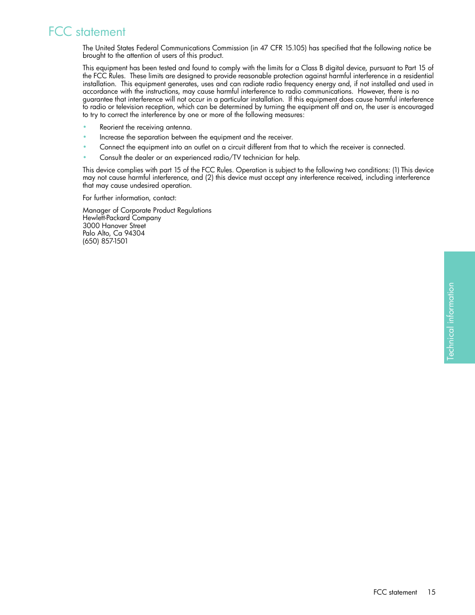 Fcc statement | HP USB Network Print Adapter User Manual | Page 15 / 18