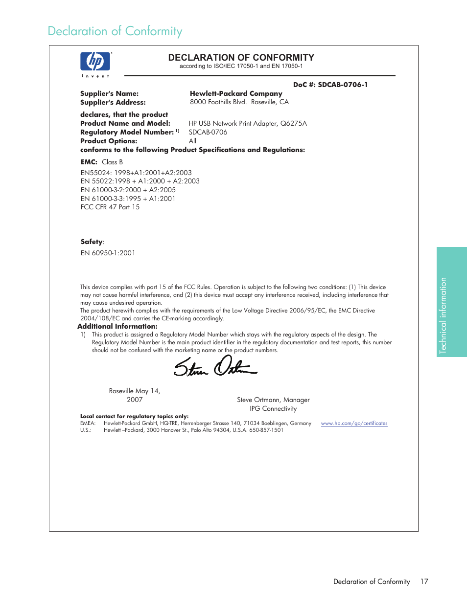 Declaration of conformity | HP USB Network Print Adapter User Manual | Page 17 / 18