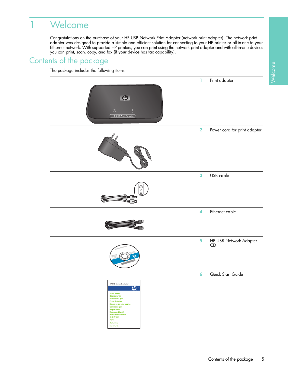 Welcome, Contents of the package, 1 welcome | 1welcome, We lc om e | HP USB Network Print Adapter User Manual | Page 5 / 18