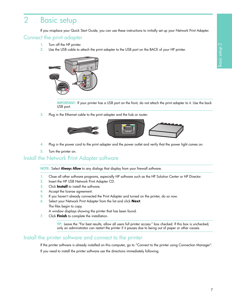 Basic setup, Connect the print adapter, Install the network print adapter software | 2 basic setup, 2basic setup | HP USB Network Print Adapter User Manual | Page 7 / 18