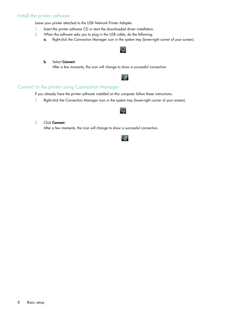 Install the printer software, Connect to the printer using connection manager | HP USB Network Print Adapter User Manual | Page 8 / 18