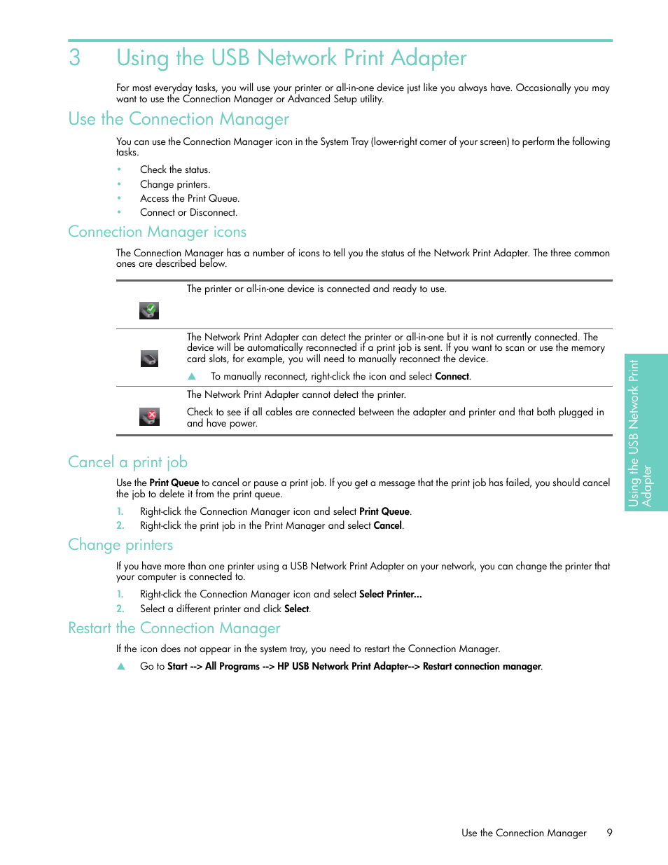 Using the usb network print adapter, Use the connection manager, Connection manager icons | Cancel a print job, Change printers, Restart the connection manager, 3 using the usb network print adapter, 3using the usb network print adapter | HP USB Network Print Adapter User Manual | Page 9 / 18