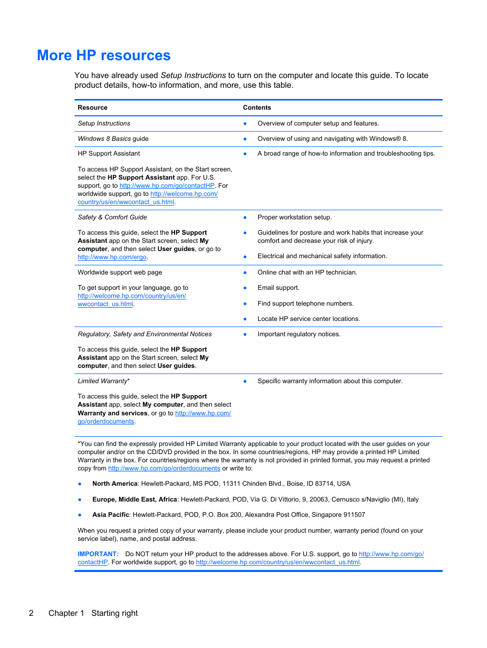 More hp resources, 2chapter 1 starting right | HP ENVY x2 CTO 11t-g000 User Manual | Page 12 / 93