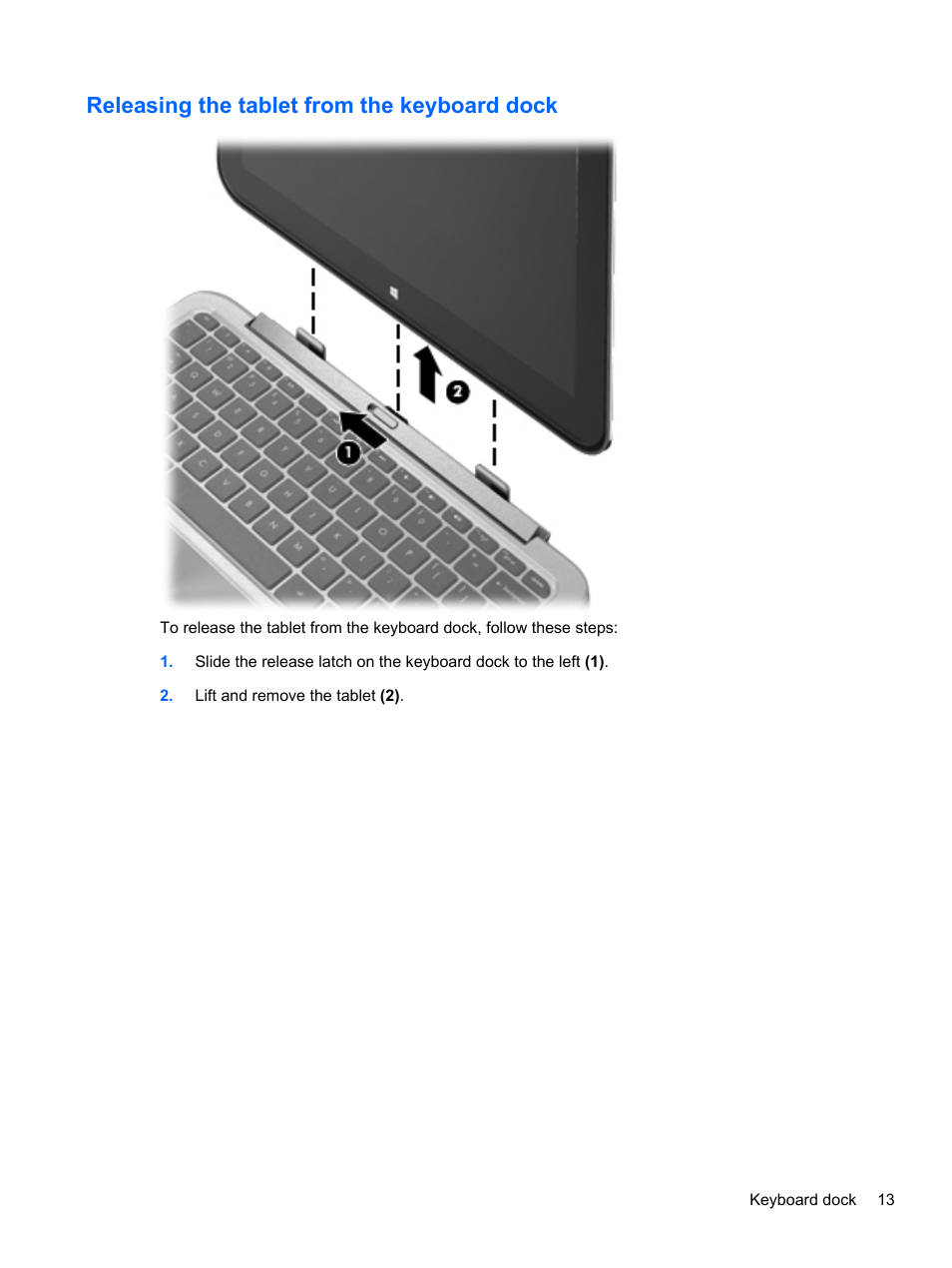 Releasing the tablet from the keyboard dock | HP ENVY x2 CTO 11t-g000 User Manual | Page 23 / 93