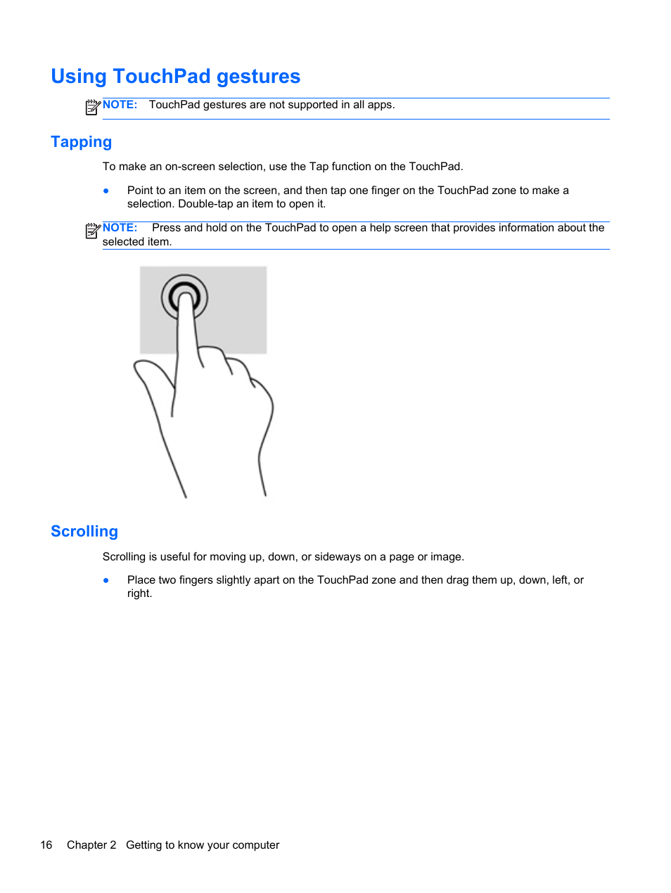 Using touchpad gestures, Tapping, Scrolling | Tapping scrolling, Text. see | HP ENVY x2 CTO 11t-g000 User Manual | Page 26 / 93