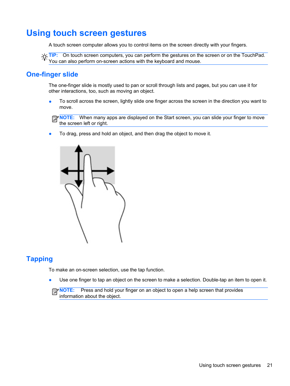 Using touch screen gestures, One-finger slide, Tapping | One-finger slide tapping | HP ENVY x2 CTO 11t-g000 User Manual | Page 31 / 93