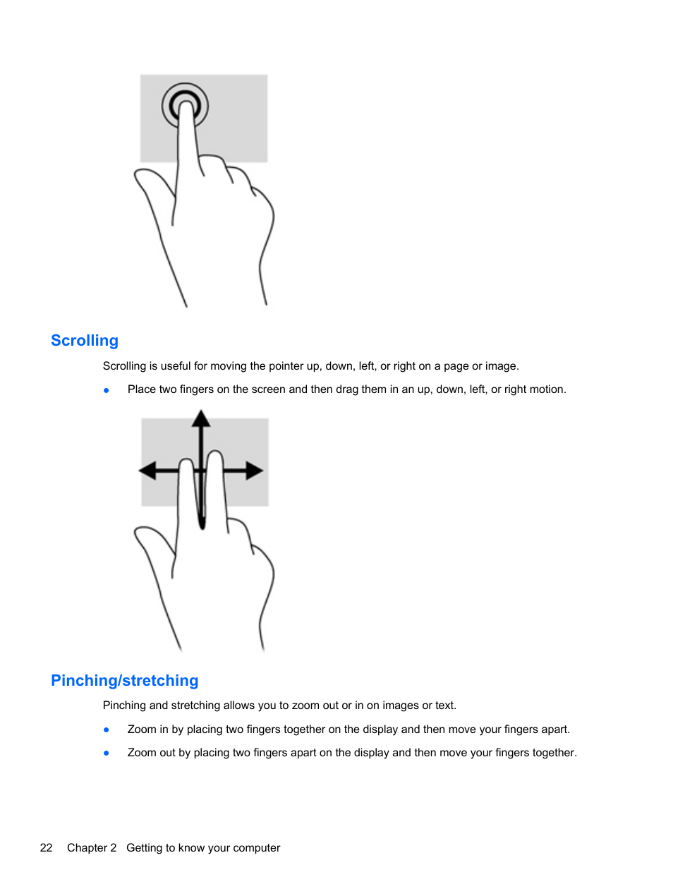 Scrolling, Pinching/stretching, Scrolling pinching/stretching | HP ENVY x2 CTO 11t-g000 User Manual | Page 32 / 93