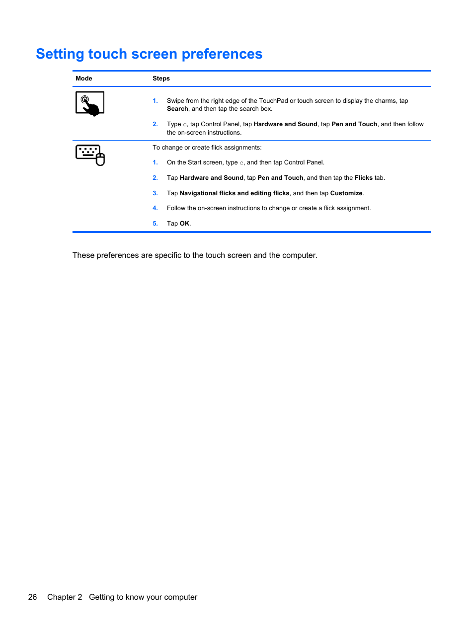 Setting touch screen preferences | HP ENVY x2 CTO 11t-g000 User Manual | Page 36 / 93