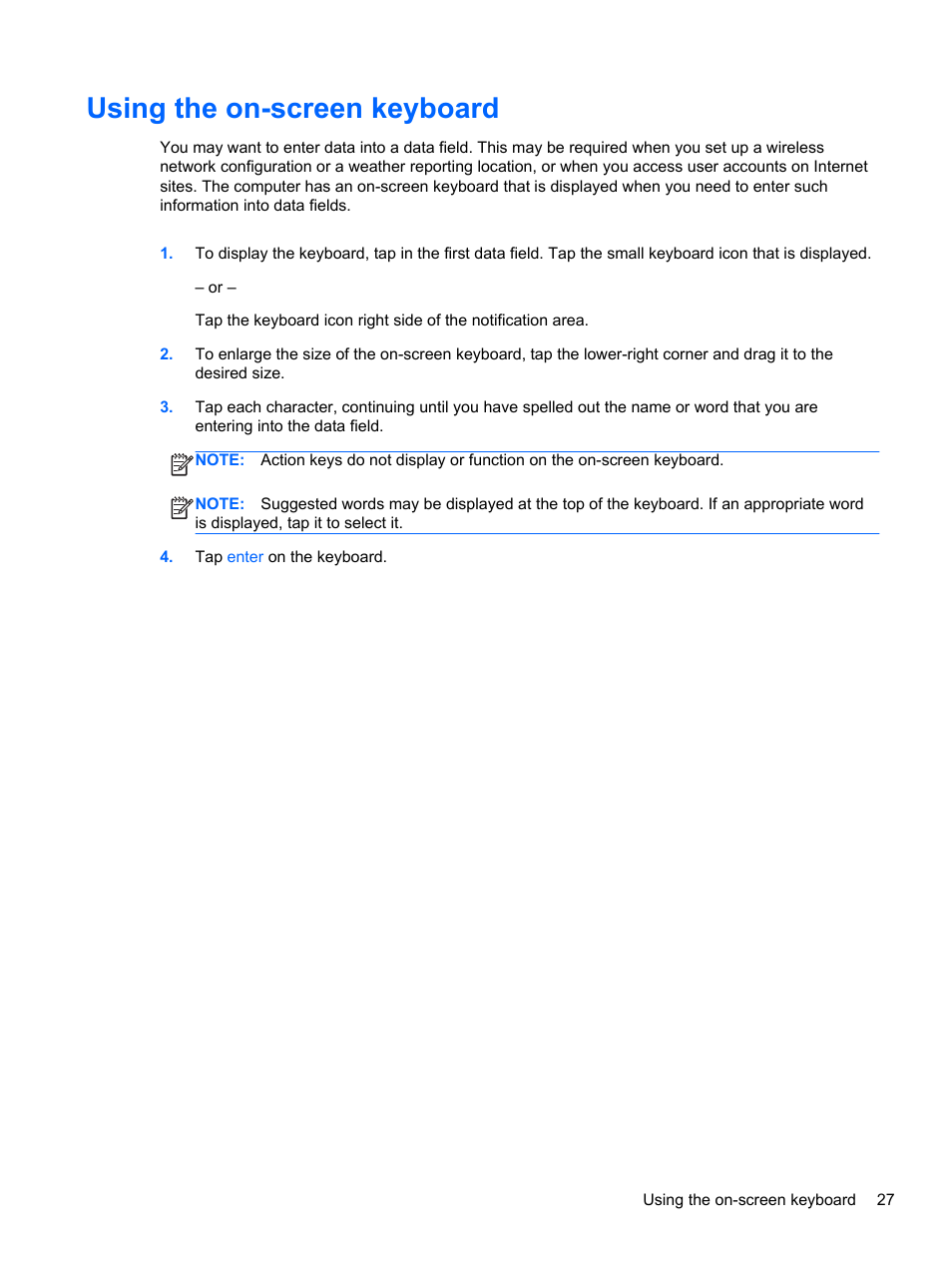 Using the on-screen keyboard | HP ENVY x2 CTO 11t-g000 User Manual | Page 37 / 93