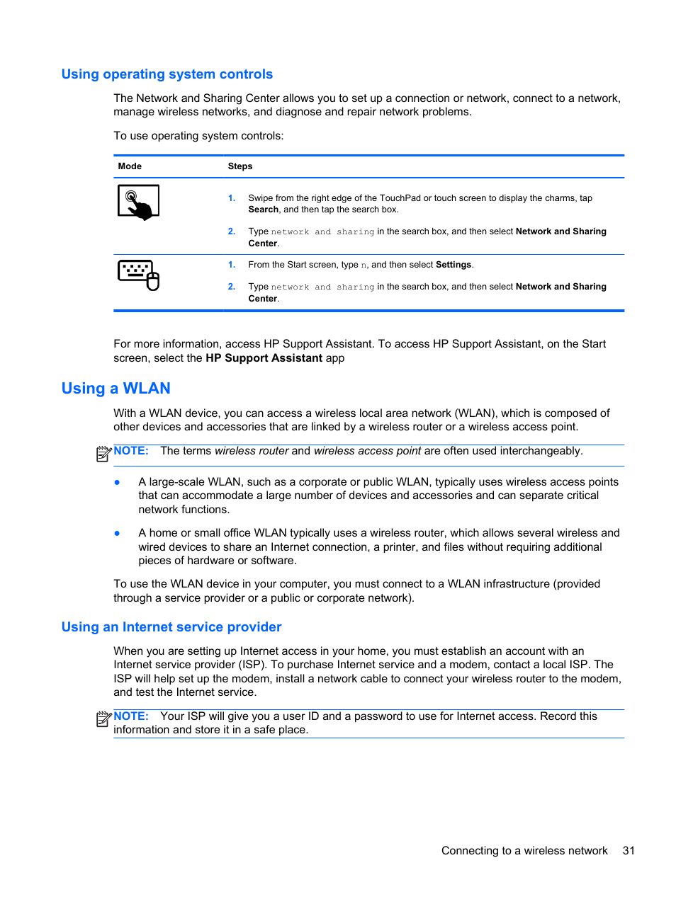 Using operating system controls, Using a wlan, Using an internet service provider | HP ENVY x2 CTO 11t-g000 User Manual | Page 41 / 93
