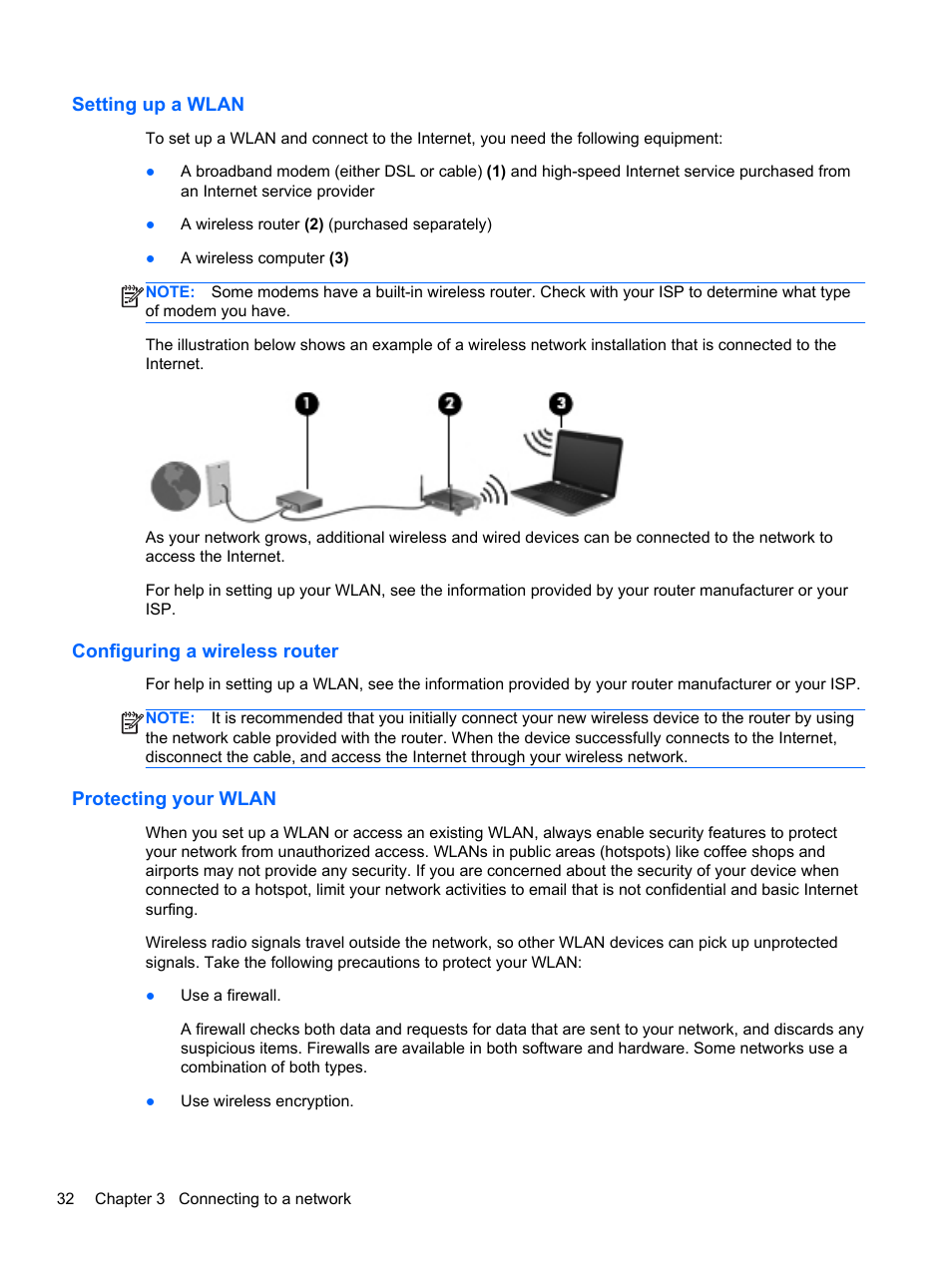 Setting up a wlan, Configuring a wireless router, Protecting your wlan | HP ENVY x2 CTO 11t-g000 User Manual | Page 42 / 93