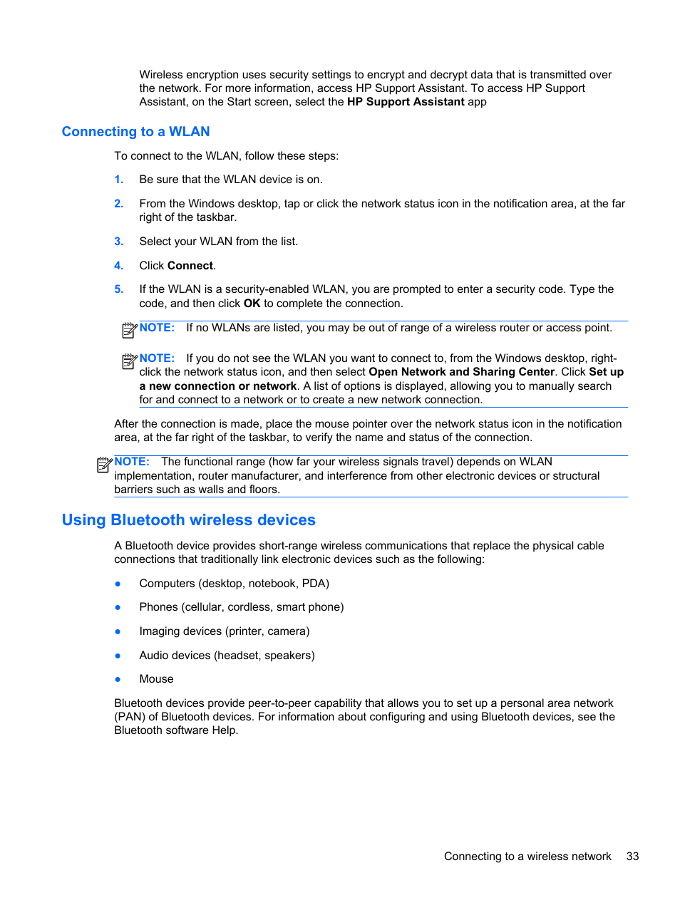 Connecting to a wlan, Using bluetooth wireless devices | HP ENVY x2 CTO 11t-g000 User Manual | Page 43 / 93