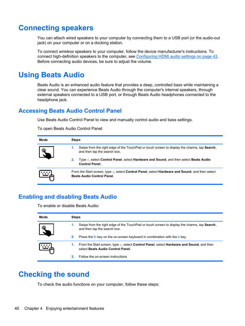 Connecting speakers, Using beats audio, Accessing beats audio control panel | Enabling and disabling beats audio, Checking the sound, Connecting speakers using beats audio | HP ENVY x2 CTO 11t-g000 User Manual | Page 50 / 93