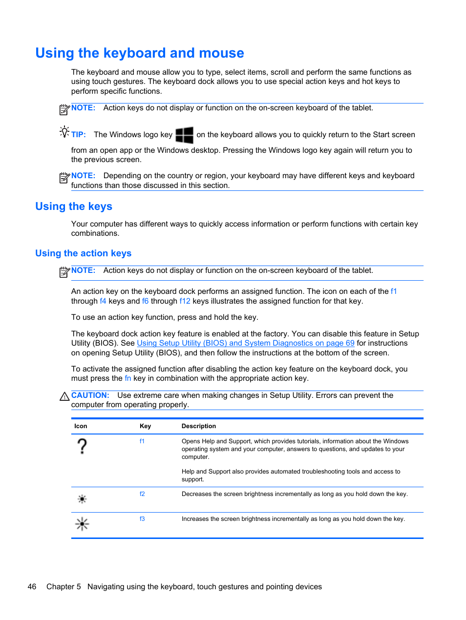 Using the keyboard and mouse, Using the keys, Using the action keys | HP ENVY x2 CTO 11t-g000 User Manual | Page 56 / 93