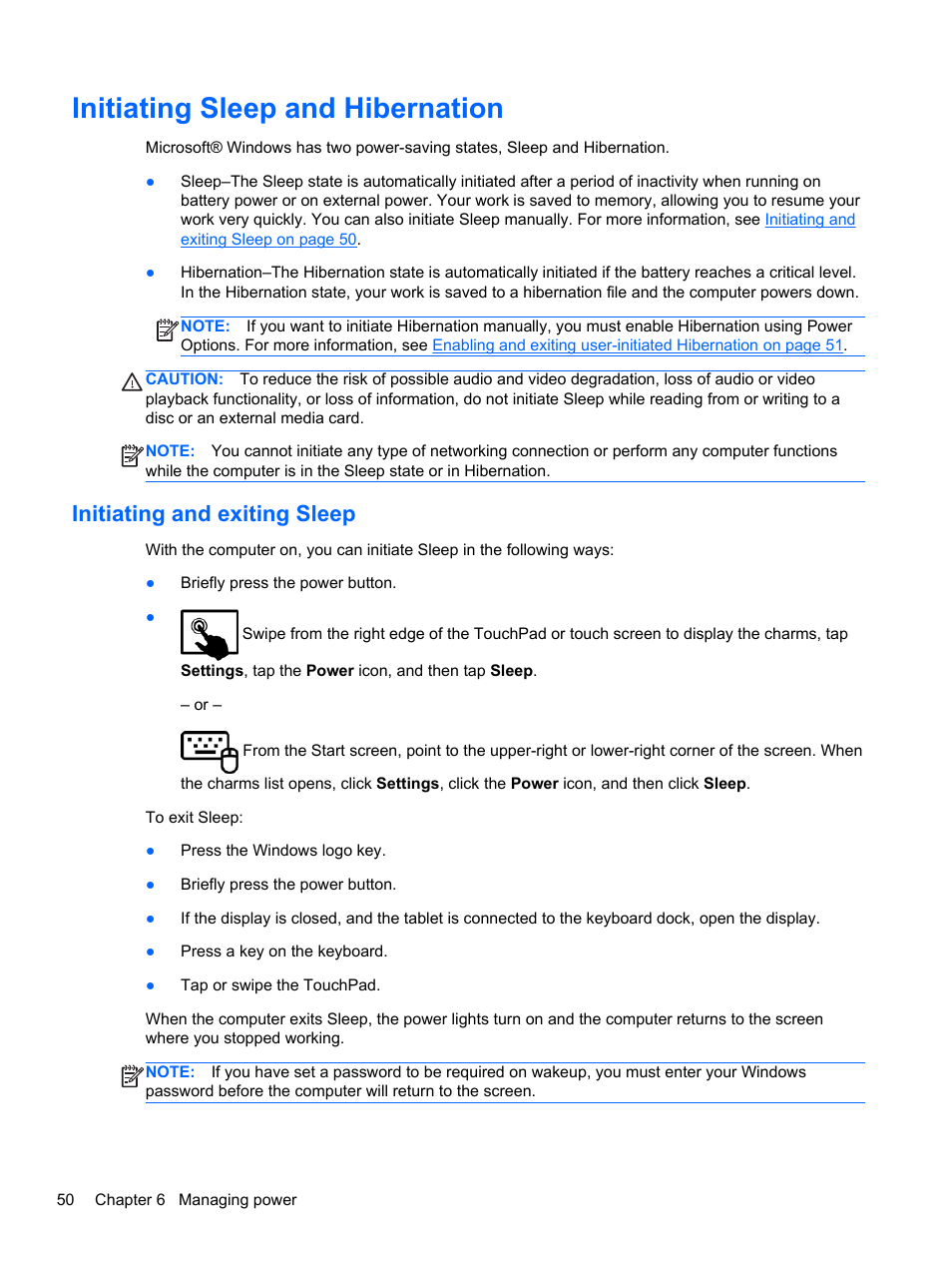 Initiating sleep and hibernation, Initiating and exiting sleep | HP ENVY x2 CTO 11t-g000 User Manual | Page 60 / 93