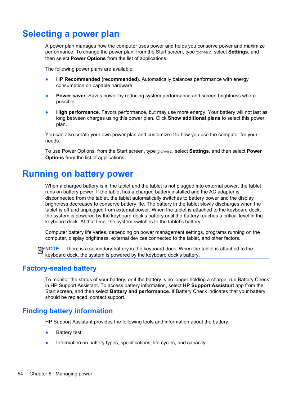 Selecting a power plan, Running on battery power, Factory-sealed battery | Finding battery information, Selecting a power plan running on battery power, Factory-sealed battery finding battery information | HP ENVY x2 CTO 11t-g000 User Manual | Page 64 / 93