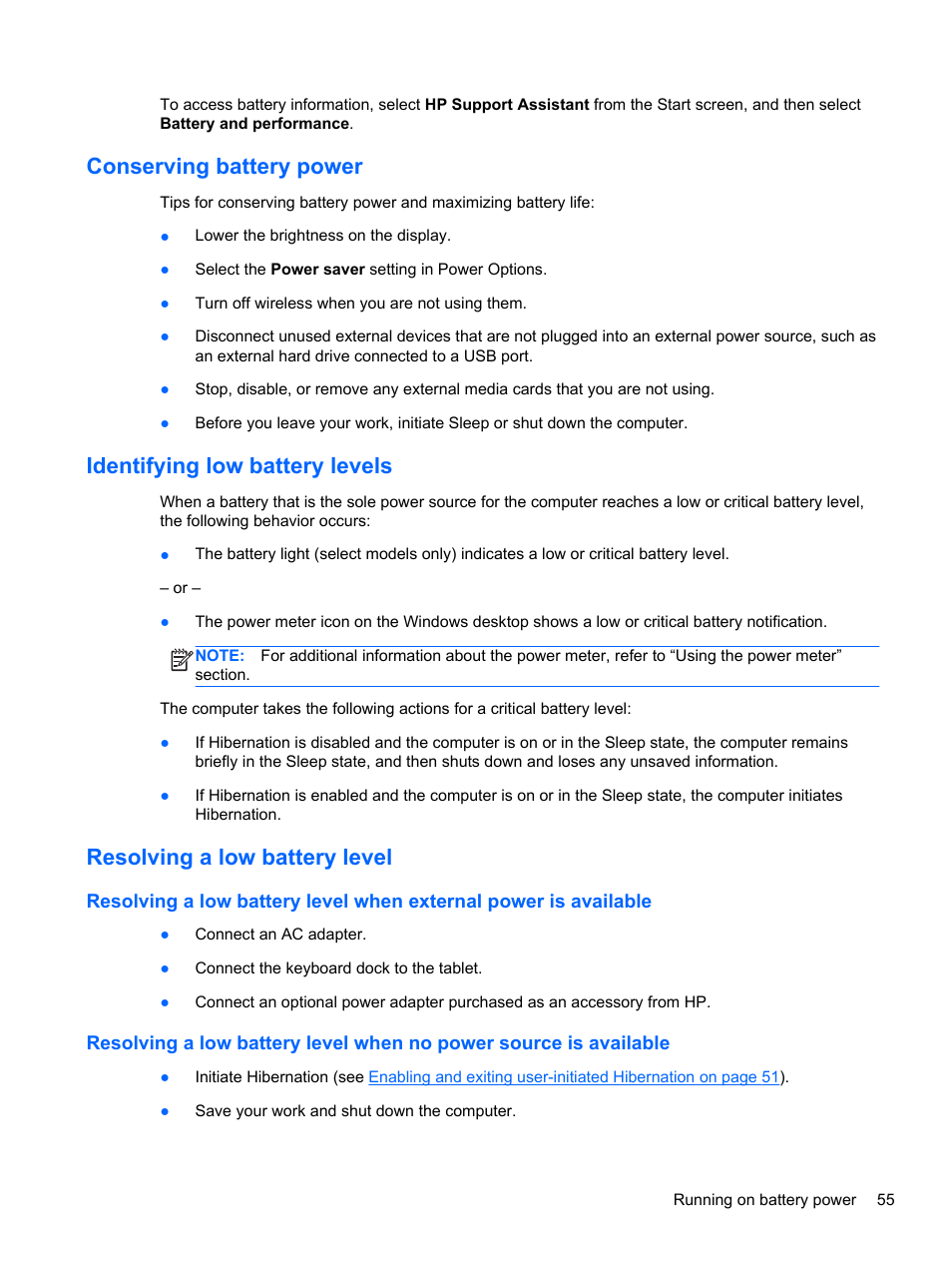 Conserving battery power, Identifying low battery levels, Resolving a low battery level | HP ENVY x2 CTO 11t-g000 User Manual | Page 65 / 93