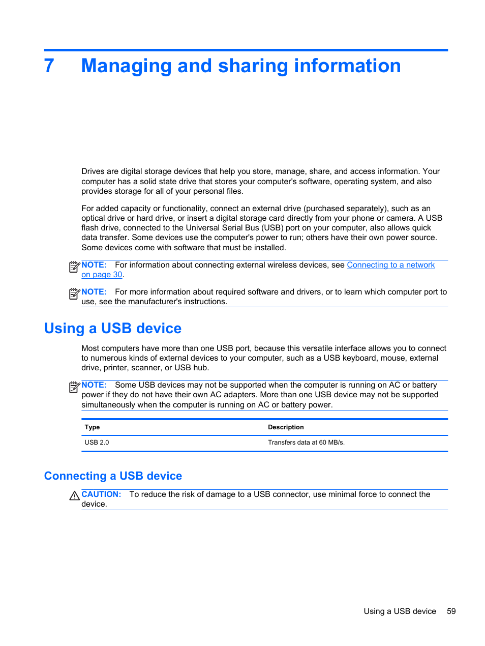 Managing and sharing information, Using a usb device, Connecting a usb device | 7 managing and sharing information, 7managing and sharing information | HP ENVY x2 CTO 11t-g000 User Manual | Page 69 / 93