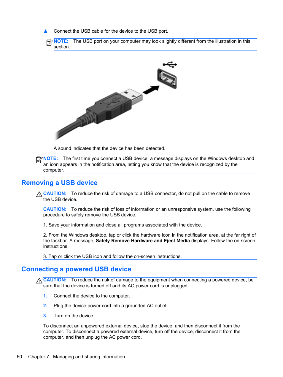 Removing a usb device, Connecting a powered usb device | HP ENVY x2 CTO 11t-g000 User Manual | Page 70 / 93