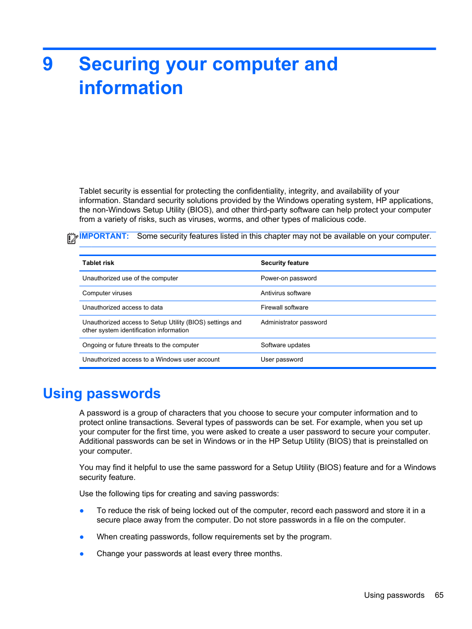 Securing your computer and information, Using passwords, 9 securing your computer and information | 9securing your computer and information | HP ENVY x2 CTO 11t-g000 User Manual | Page 75 / 93