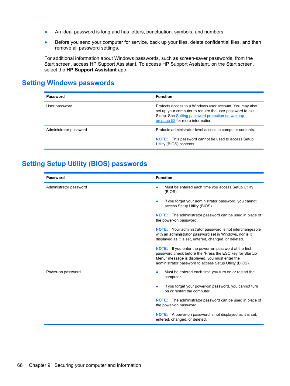 Setting windows passwords, Setting setup utility (bios) passwords | HP ENVY x2 CTO 11t-g000 User Manual | Page 76 / 93