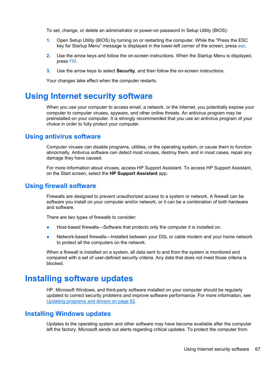 Using internet security software, Using antivirus software, Using firewall software | Installing software updates, Installing windows updates, Using antivirus software using firewall software | HP ENVY x2 CTO 11t-g000 User Manual | Page 77 / 93