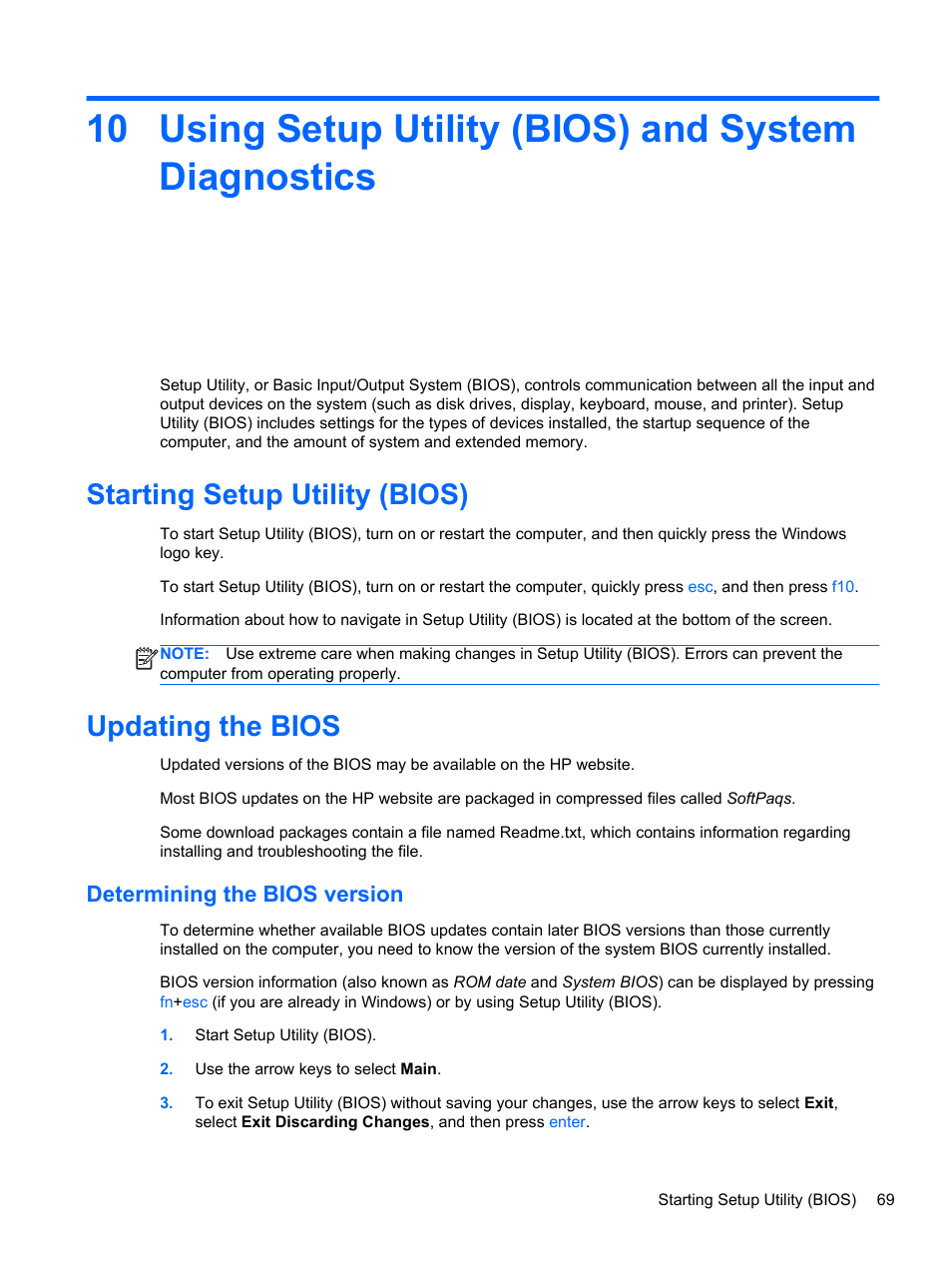Using setup utility (bios) and system diagnostics, Starting setup utility (bios), Updating the bios | Determining the bios version, Starting setup utility (bios) updating the bios | HP ENVY x2 CTO 11t-g000 User Manual | Page 79 / 93