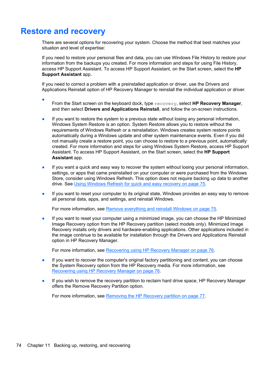 Restore and recovery | HP ENVY x2 CTO 11t-g000 User Manual | Page 84 / 93