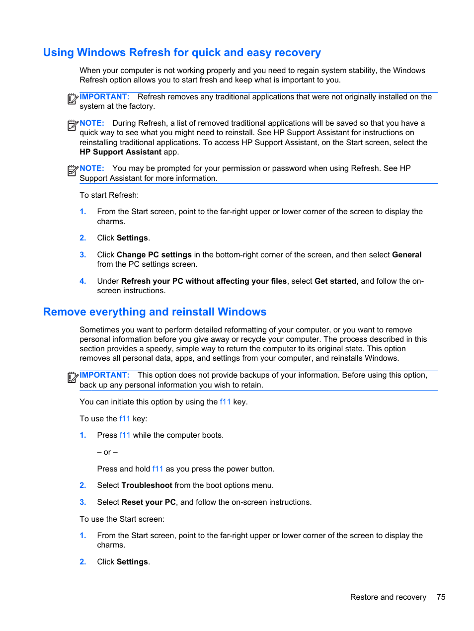 Using windows refresh for quick and easy recovery, Remove everything and reinstall windows | HP ENVY x2 CTO 11t-g000 User Manual | Page 85 / 93