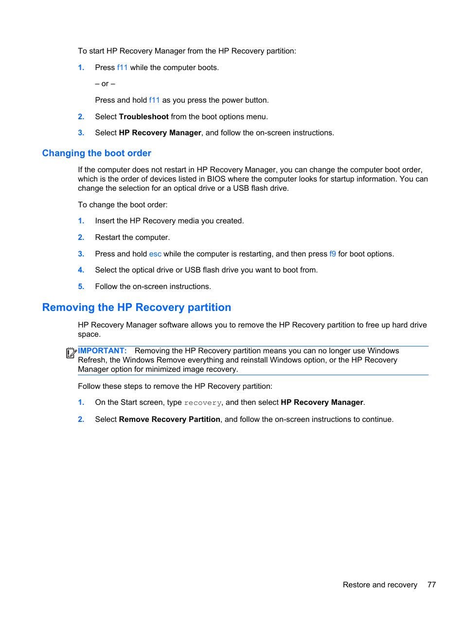 Changing the boot order, Removing the hp recovery partition | HP ENVY x2 CTO 11t-g000 User Manual | Page 87 / 93