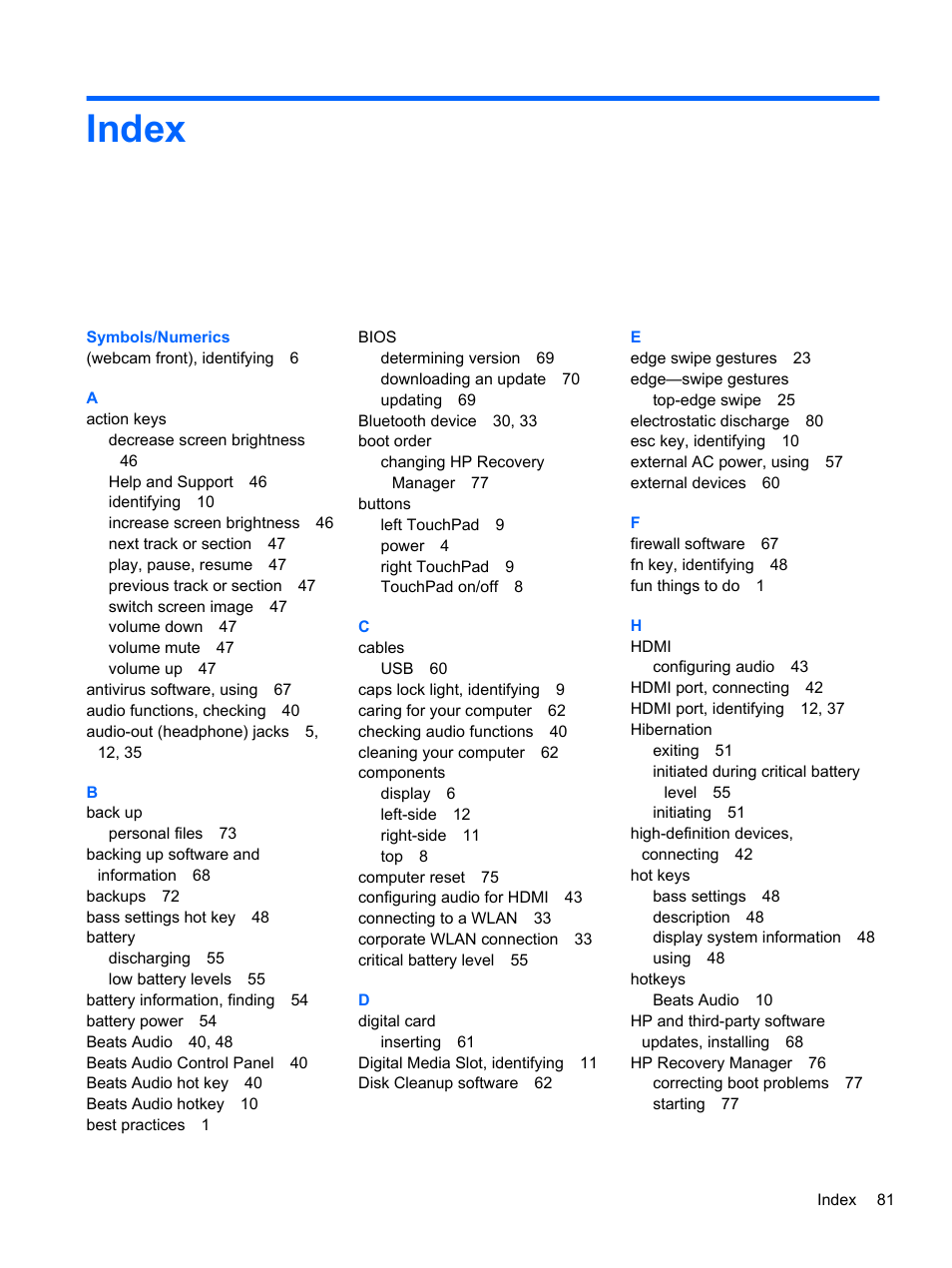 Index | HP ENVY x2 CTO 11t-g000 User Manual | Page 91 / 93