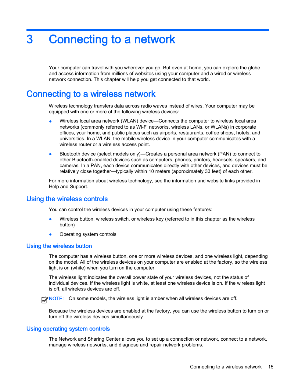 Connecting to a network, Connecting to a wireless network, Using the wireless controls | Using the wireless button, Using operating system controls, 3 connecting to a network, 3connecting to a network | HP 245 G3 Notebook PC User Manual | Page 25 / 83