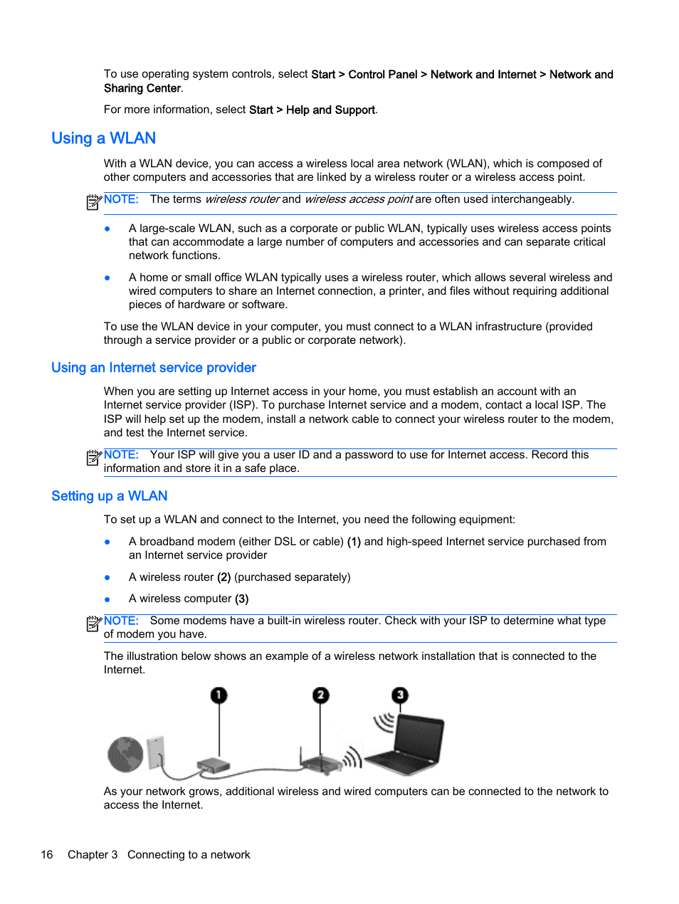 Using a wlan, Using an internet service provider, Setting up a wlan | HP 245 G3 Notebook PC User Manual | Page 26 / 83