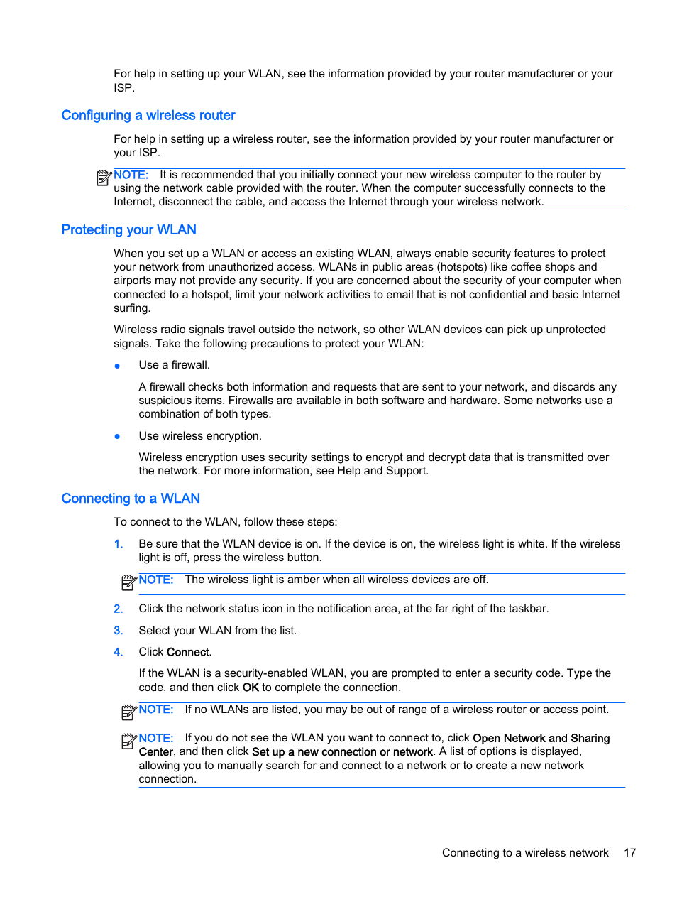 Configuring a wireless router, Protecting your wlan, Connecting to a wlan | HP 245 G3 Notebook PC User Manual | Page 27 / 83