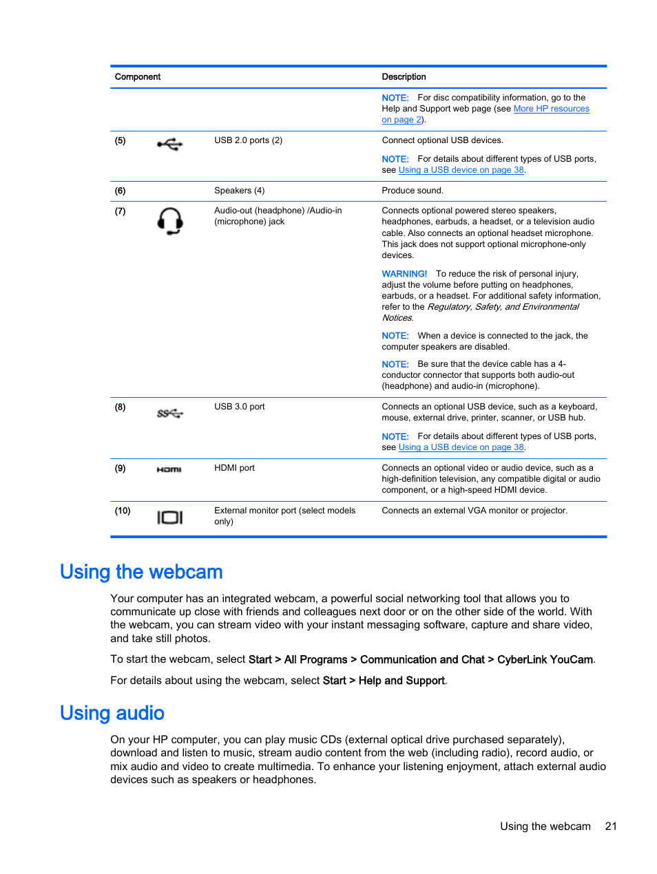 Using the webcam, Using audio, Using the webcam using audio | Using | HP 245 G3 Notebook PC User Manual | Page 31 / 83