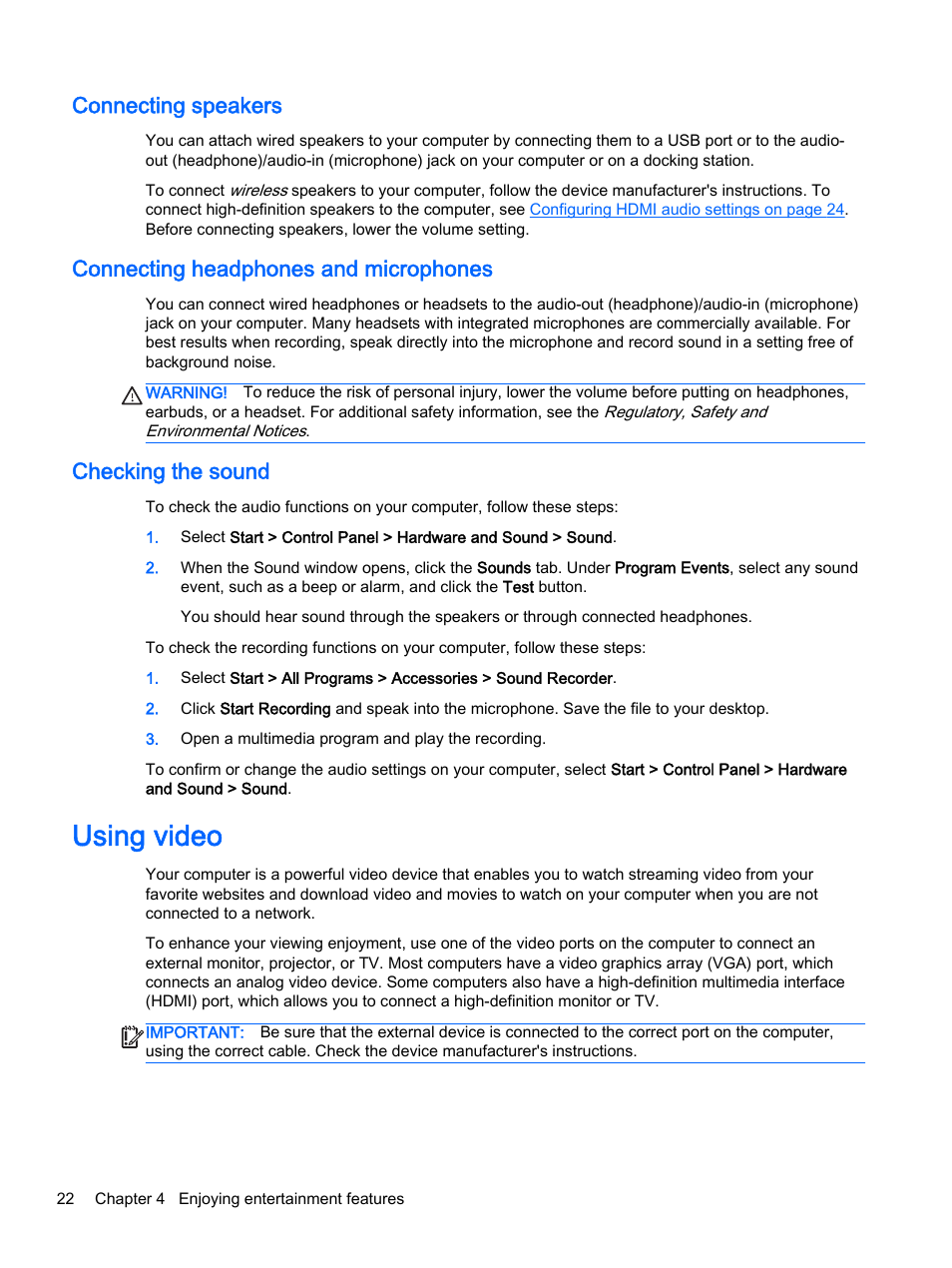 Connecting speakers, Connecting headphones and microphones, Checking the sound | Using video | HP 245 G3 Notebook PC User Manual | Page 32 / 83