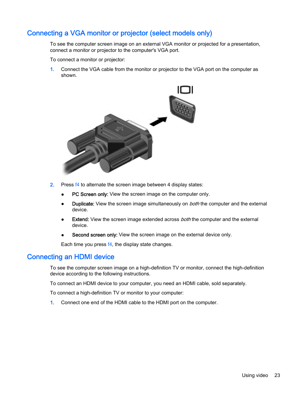 Connecting an hdmi device, Connecting a vga | HP 245 G3 Notebook PC User Manual | Page 33 / 83