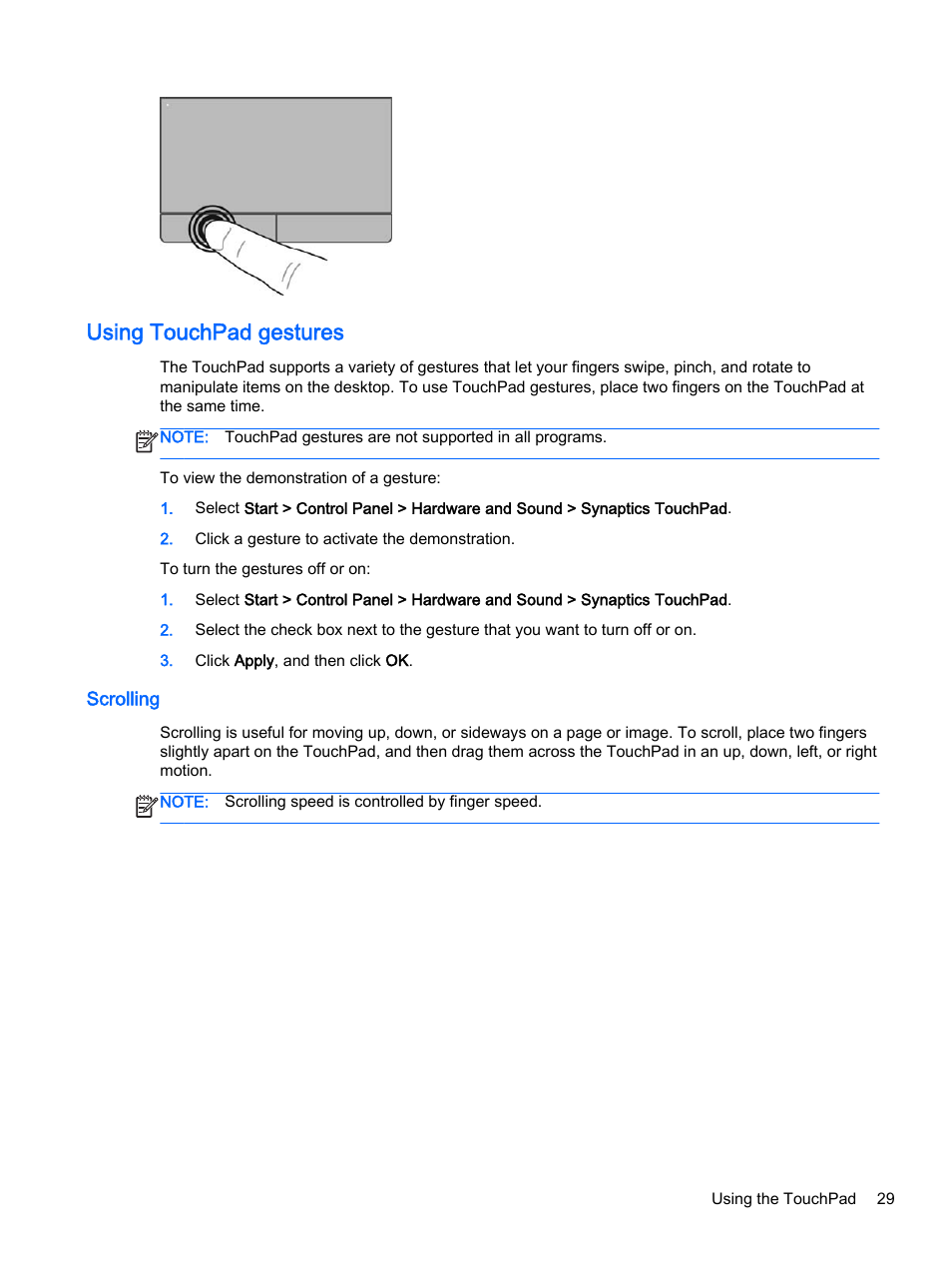 Using touchpad gestures, Scrolling | HP 245 G3 Notebook PC User Manual | Page 39 / 83