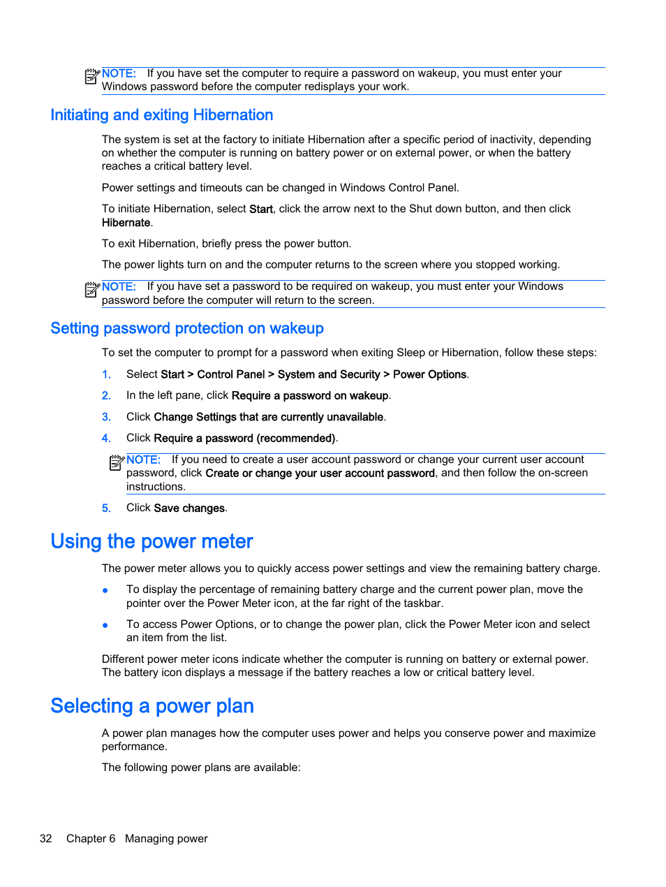 Initiating and exiting hibernation, Setting password protection on wakeup, Using the power meter | Selecting a power plan, Using the power meter selecting a power plan | HP 245 G3 Notebook PC User Manual | Page 42 / 83