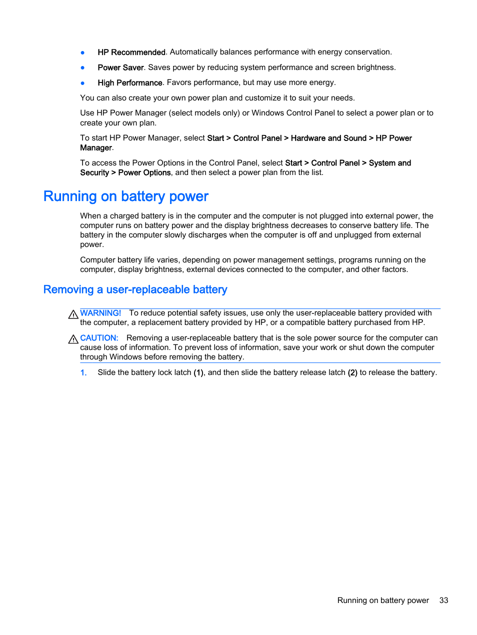 Running on battery power, Removing a user-replaceable battery | HP 245 G3 Notebook PC User Manual | Page 43 / 83