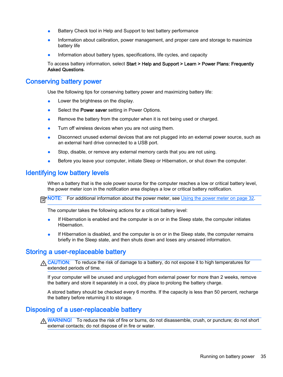 Conserving battery power, Identifying low battery levels, Storing a user-replaceable battery | Disposing of a user-replaceable battery | HP 245 G3 Notebook PC User Manual | Page 45 / 83