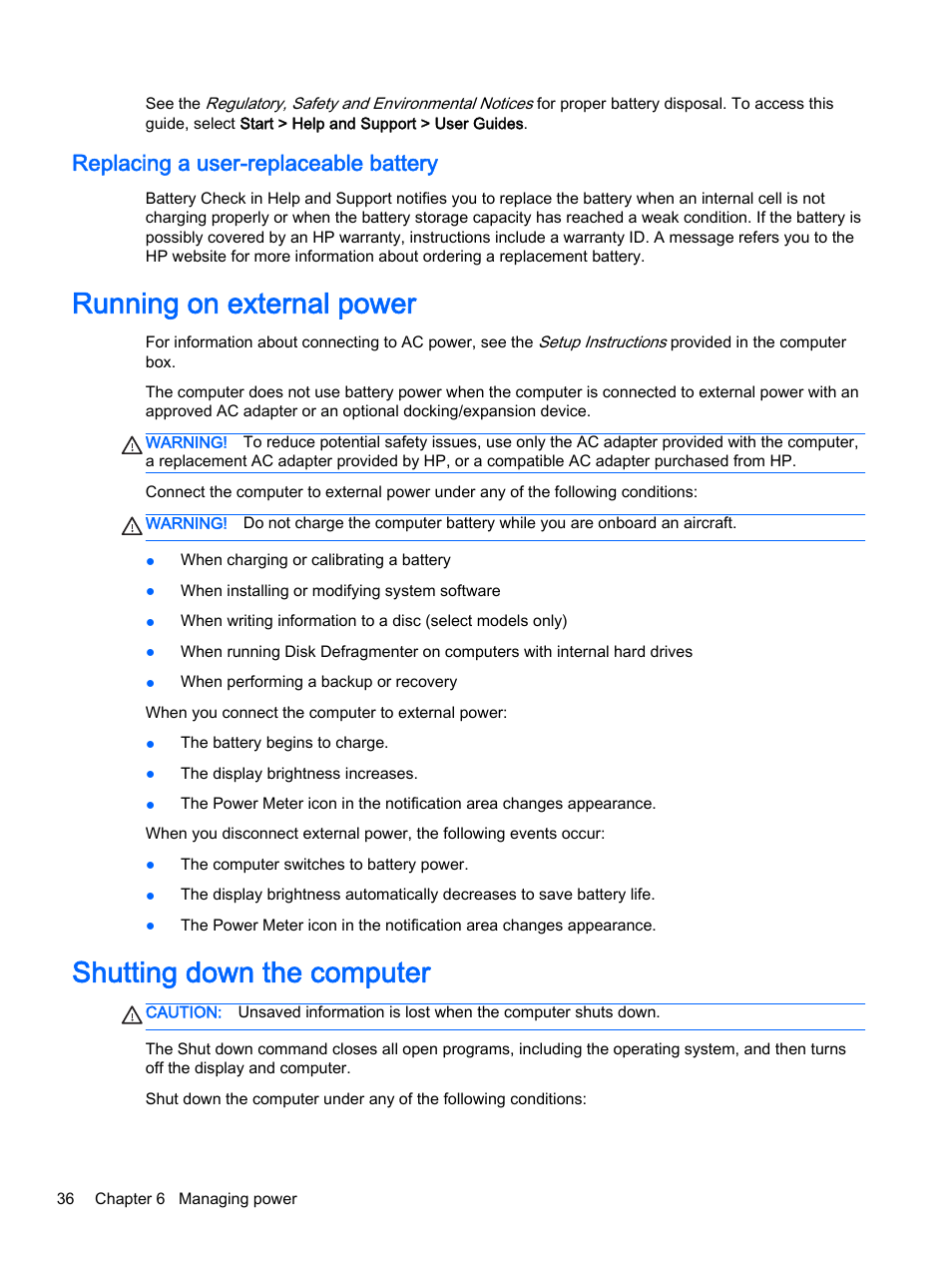 Replacing a user-replaceable battery, Running on external power, Shutting down the computer | HP 245 G3 Notebook PC User Manual | Page 46 / 83