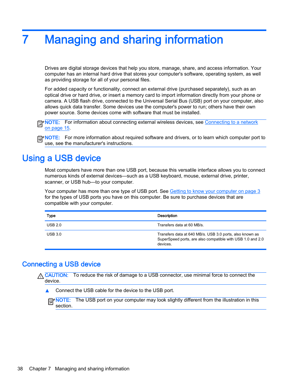 Managing and sharing information, Using a usb device, Connecting a usb device | 7 managing and sharing information, 7managing and sharing information | HP 245 G3 Notebook PC User Manual | Page 48 / 83