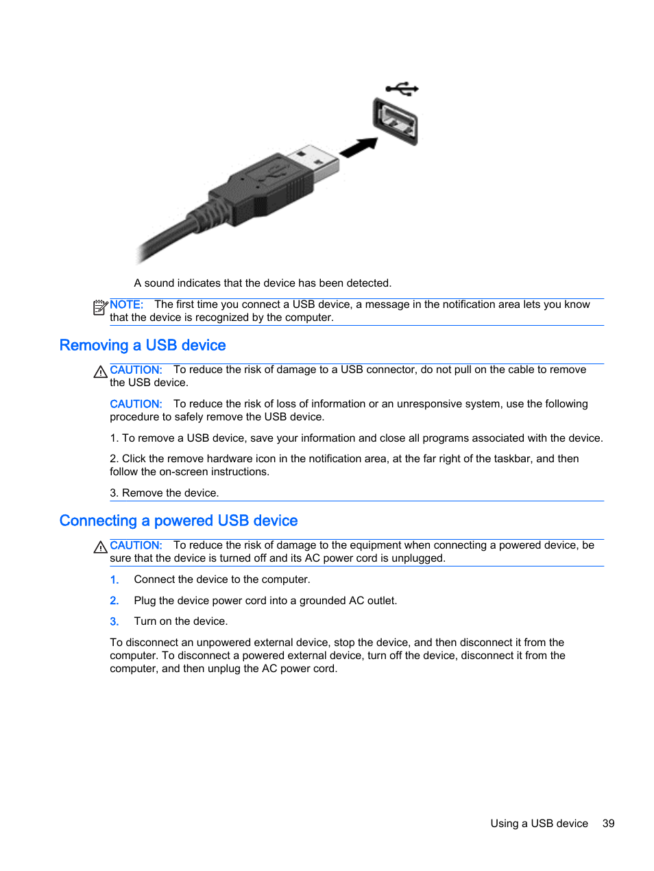 Removing a usb device, Connecting a powered usb device | HP 245 G3 Notebook PC User Manual | Page 49 / 83