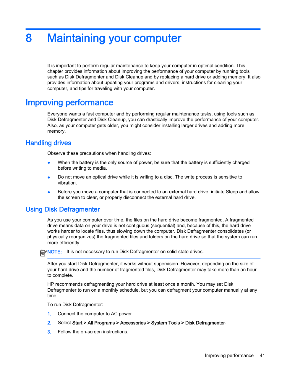 Maintaining your computer, Improving performance, Handling drives | Using disk defragmenter, 8 maintaining your computer, Handling drives using disk defragmenter, 8maintaining your computer | HP 245 G3 Notebook PC User Manual | Page 51 / 83