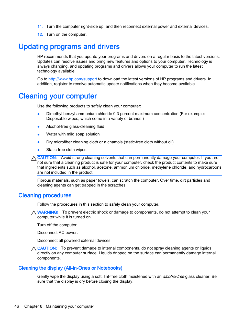 Updating programs and drivers, Cleaning your computer, Cleaning procedures | Cleaning the display (all-in-ones or notebooks) | HP 245 G3 Notebook PC User Manual | Page 56 / 83