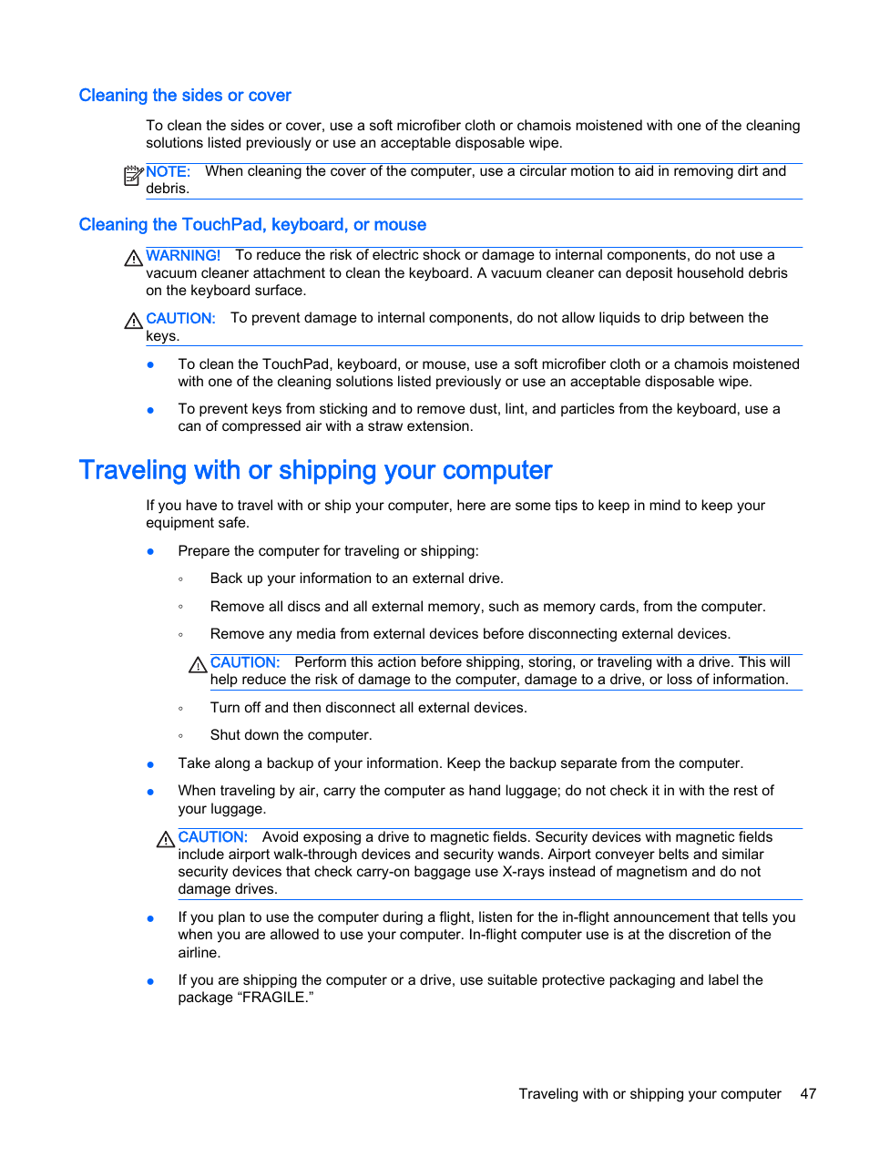 Cleaning the sides or cover, Cleaning the touchpad, keyboard, or mouse, Traveling with or shipping your computer | HP 245 G3 Notebook PC User Manual | Page 57 / 83