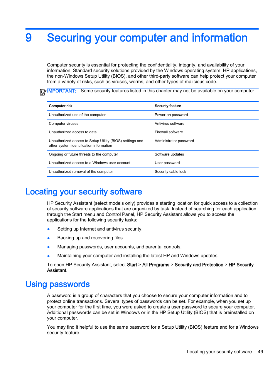 Securing your computer and information, Locating your security software, Using passwords | 9 securing your computer and information, Locating your security software using passwords, 9securing your computer and information | HP 245 G3 Notebook PC User Manual | Page 59 / 83