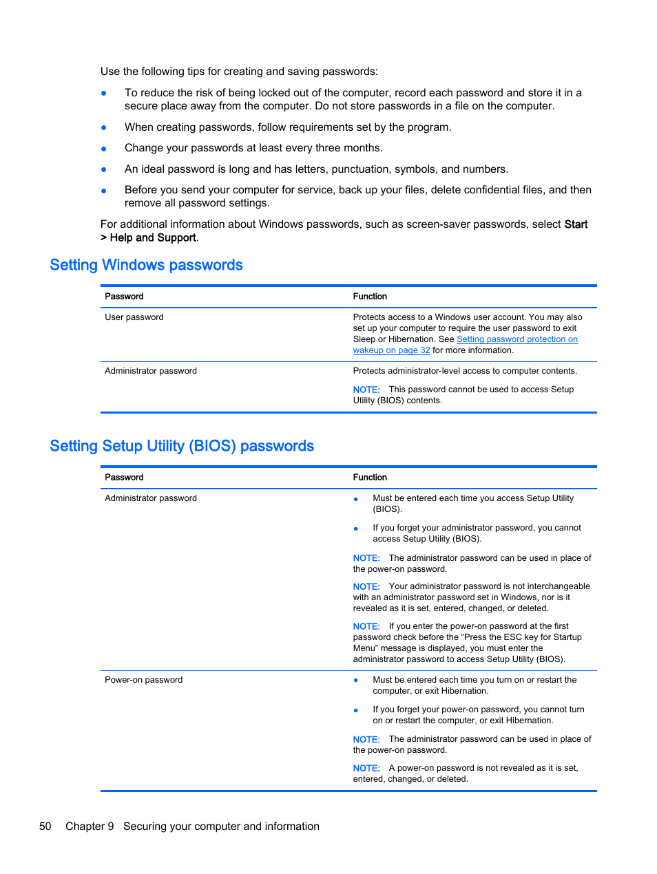 Setting windows passwords, Setting setup utility (bios) passwords | HP 245 G3 Notebook PC User Manual | Page 60 / 83